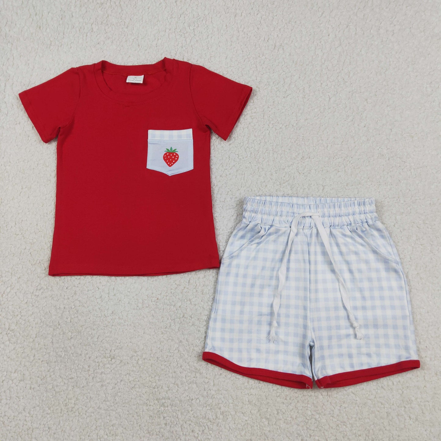 Strawberry Pocket Red Top Plaid Shorts Boys Summer Clothes Set
