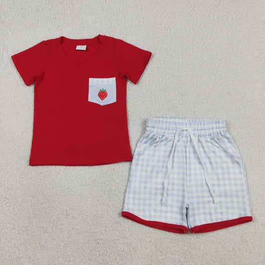 Strawberry Pocket Red Top Plaid Shorts Boys Summer Clothes Set