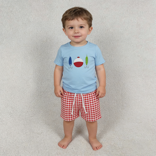 BSSO1699 Fishhook Embroidery Blue Tee & Plaid Shorts Set – Boys’