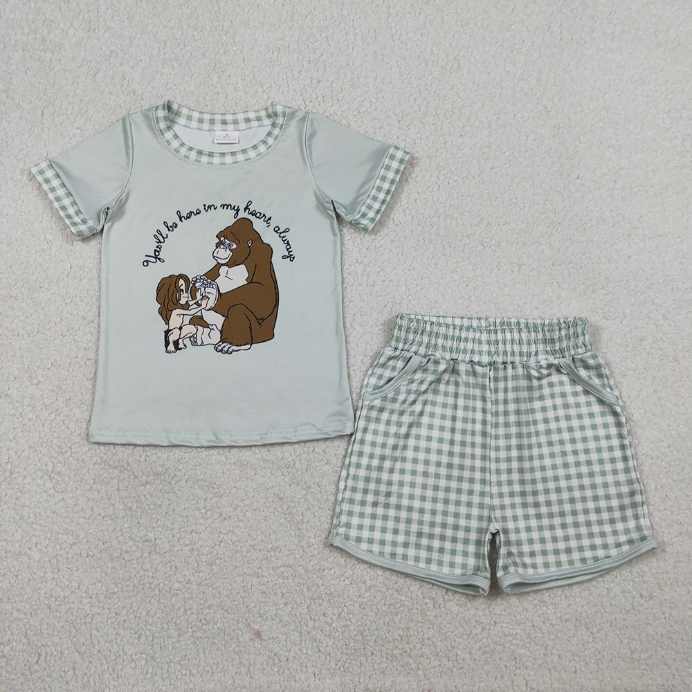 BSSO1702  Cartoon Monkey Top Plaid Shorts Boys Summer Clothes Set