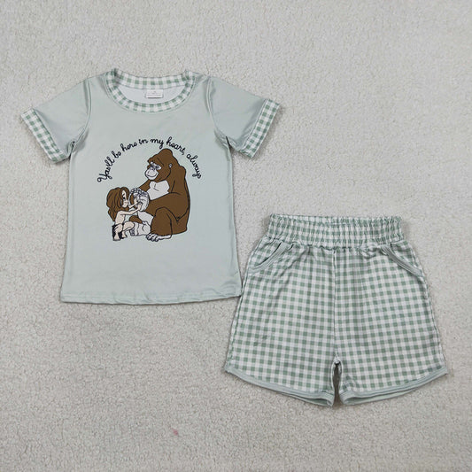 BSSO1702  Cartoon Monkey Top Plaid Shorts Boys Summer Clothes Set