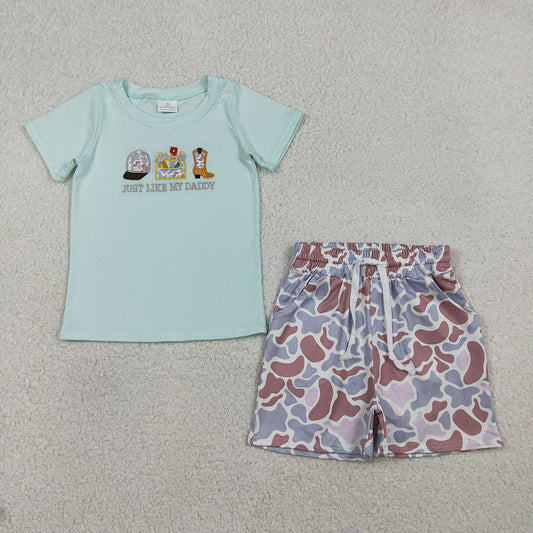 BSSO1710 Just Like My DADDY Embroidery Top Camo Shorts Boys Summer Clothes Set