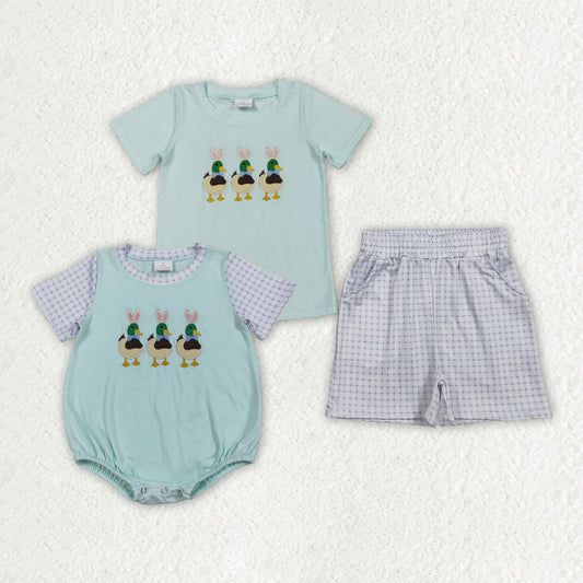 Duck Embroidery Plaid Print Boys Easter Clothes Sibling Matching Wear
