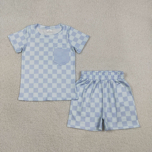 BSSO1753 Blue Plaid Print Pocket Top Shorts Boys Summer Clothes Set