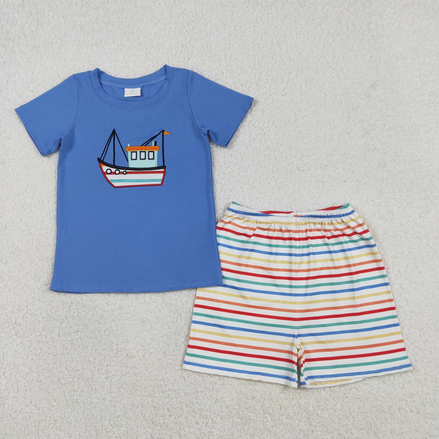 Sibling Baby Boys Embroidery Boats Colorful Stripe Top Shorts Clothes Set Rompers