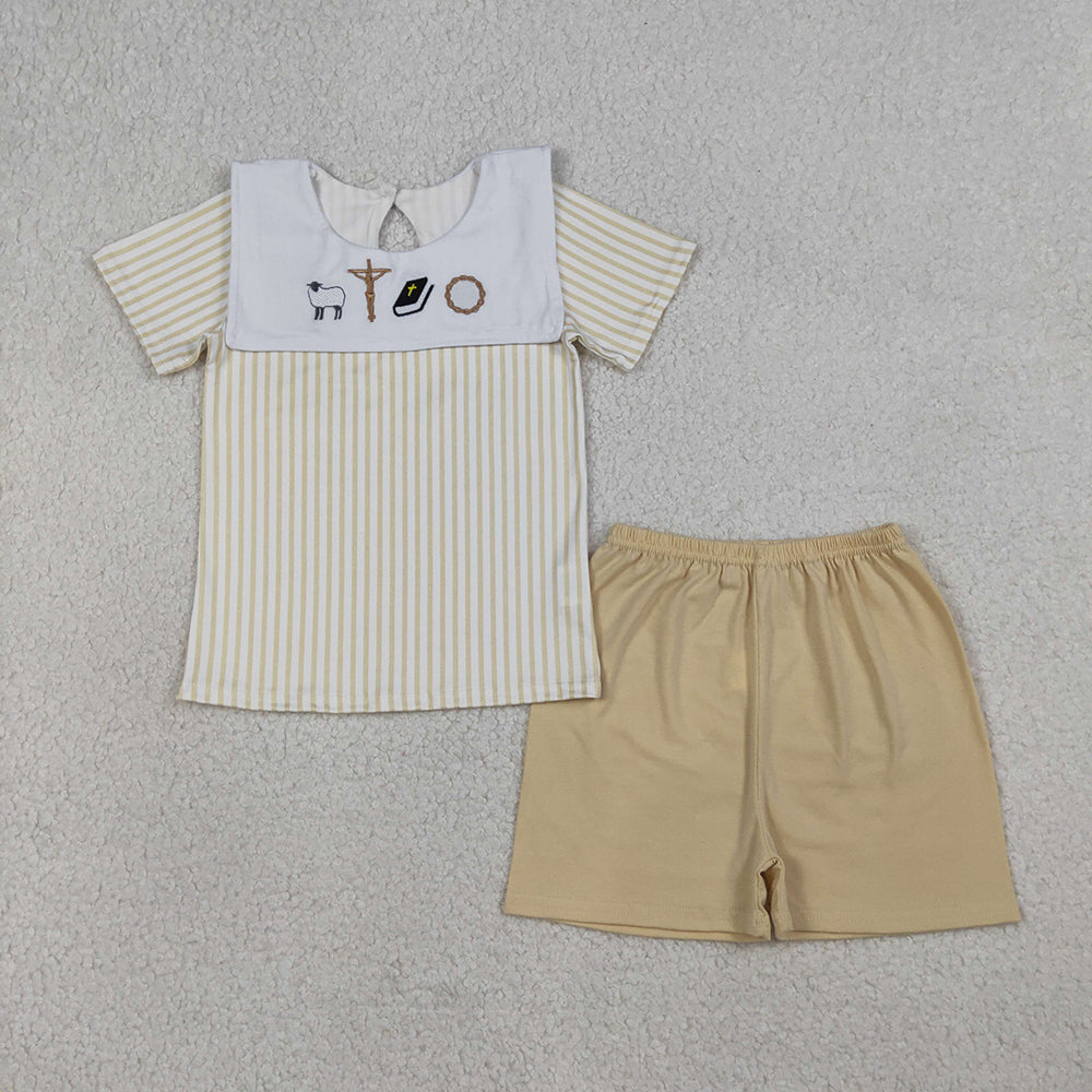 Cross Embroidery Stripes Print Boys Easter Clothes Sibling Matching Styles