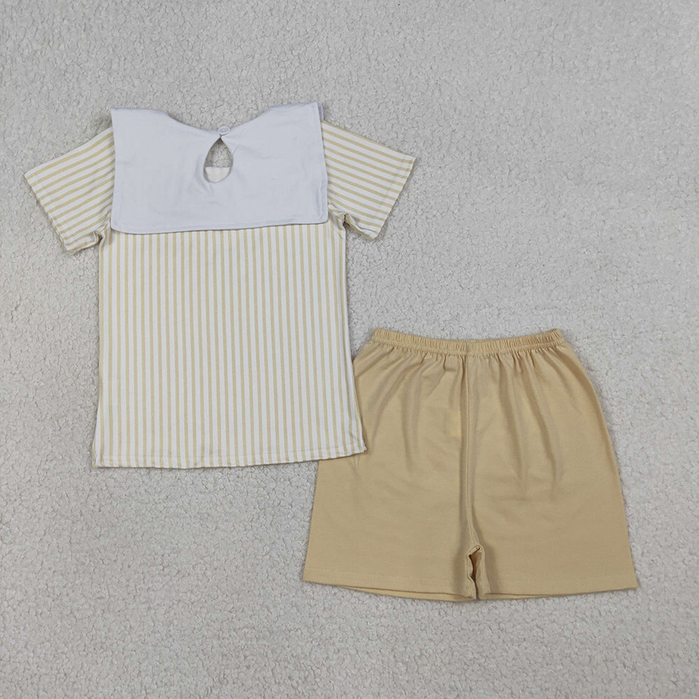 BSSO1777 Cross Embroidery Stripes Top Khaki Shorts Boys Easter Clothes Set