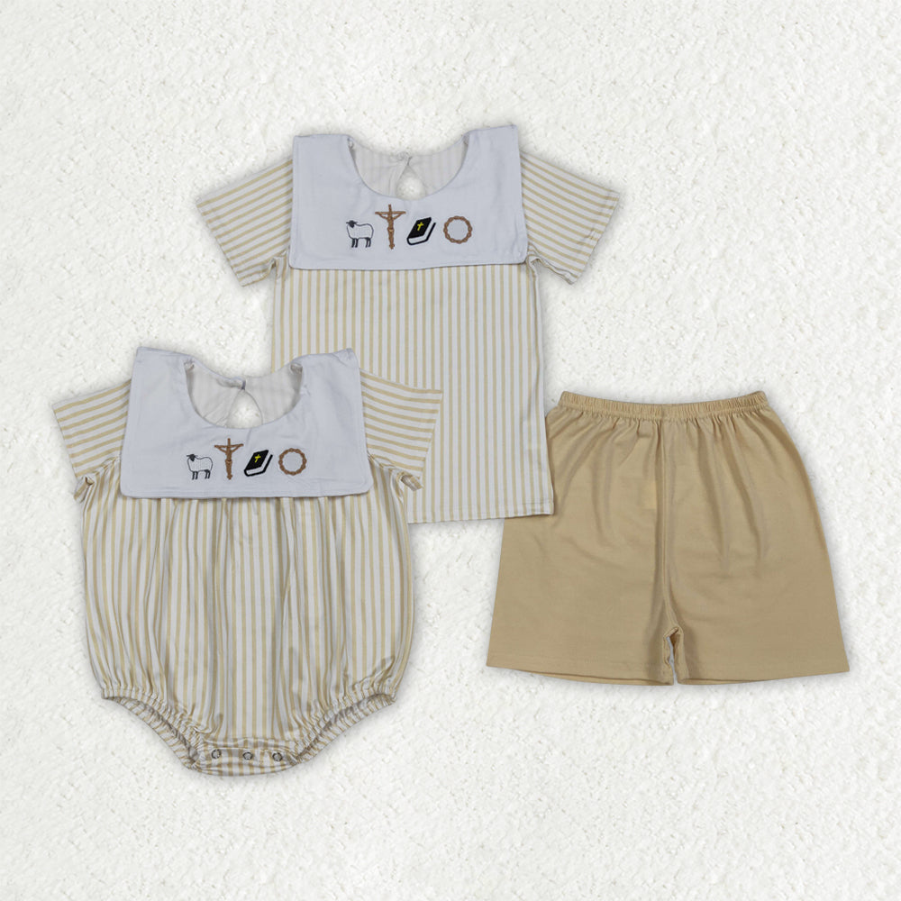 Cross Embroidery Stripes Print Boys Easter Clothes Sibling Matching Styles