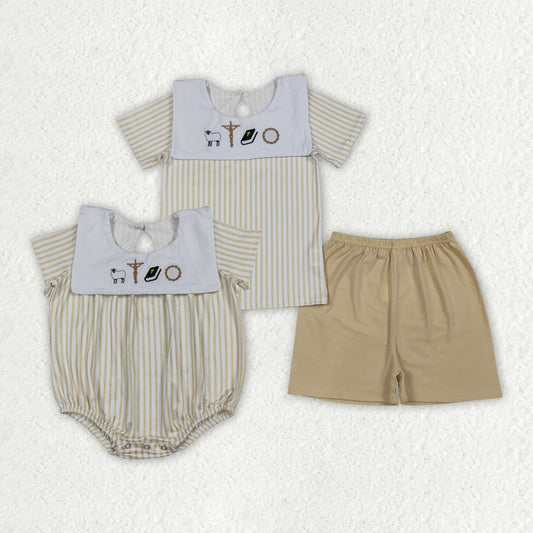 Cross Embroidery Stripes Print Boys Easter Clothes Sibling Matching Styles
