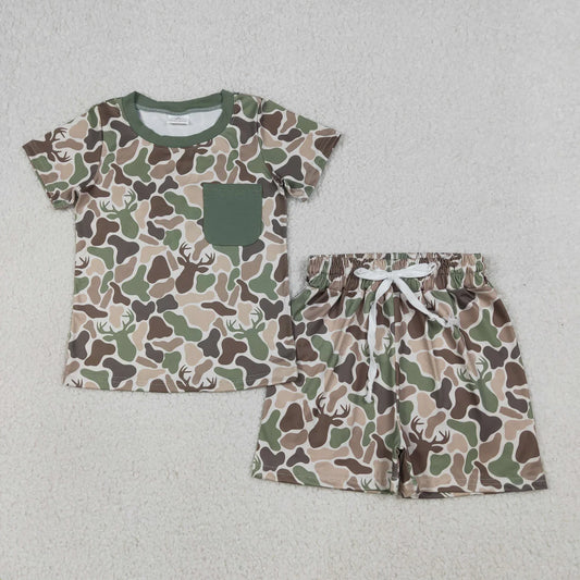 Sibling Baby Boys Short Sleeve Deer Ducks Camo Pockets Top Short Hunting Clothes Sets
