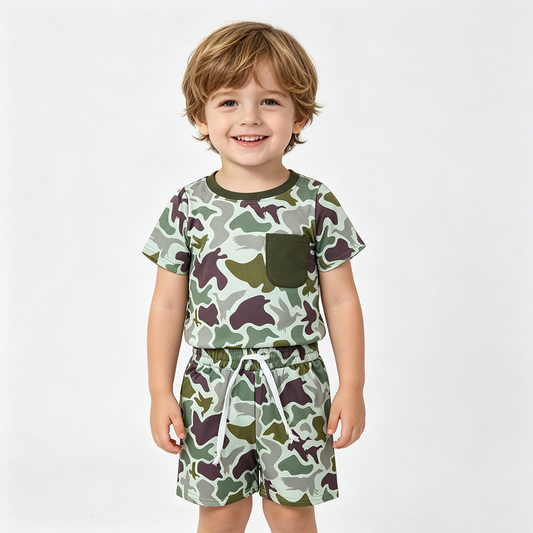 BSSO1793 Pocket Duck Green Camo Top Shorts Boys Summer Clothes Set
