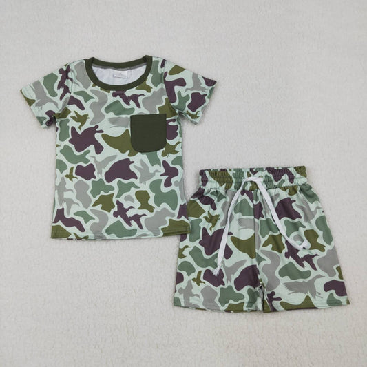 BSSO1793 Pocket Duck Green Camo Top Shorts Boys Summer Clothes Set