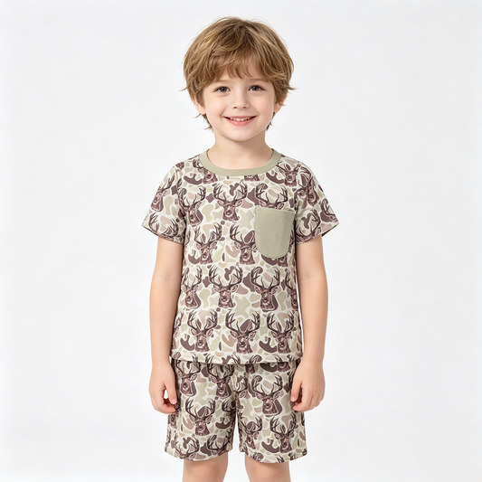 BSSO1794 Deer Green Camouflage Pocket Short Sleeve & Shorts Set - Boys