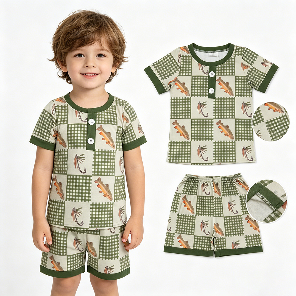 BSSO1817 Fishing Green Gingham Boys Summer Pajama Set