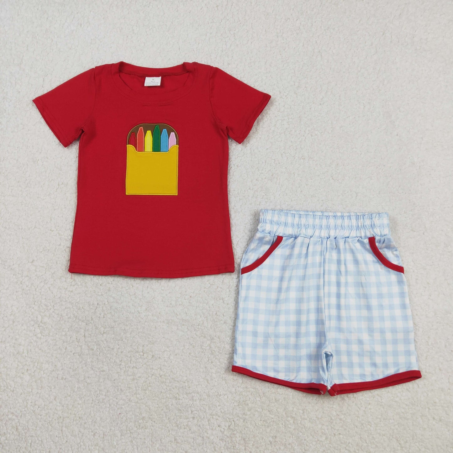 Sibling Baby Boys Embroidery Apple Pencils Top Pockets Short Back to School Clothes Sets