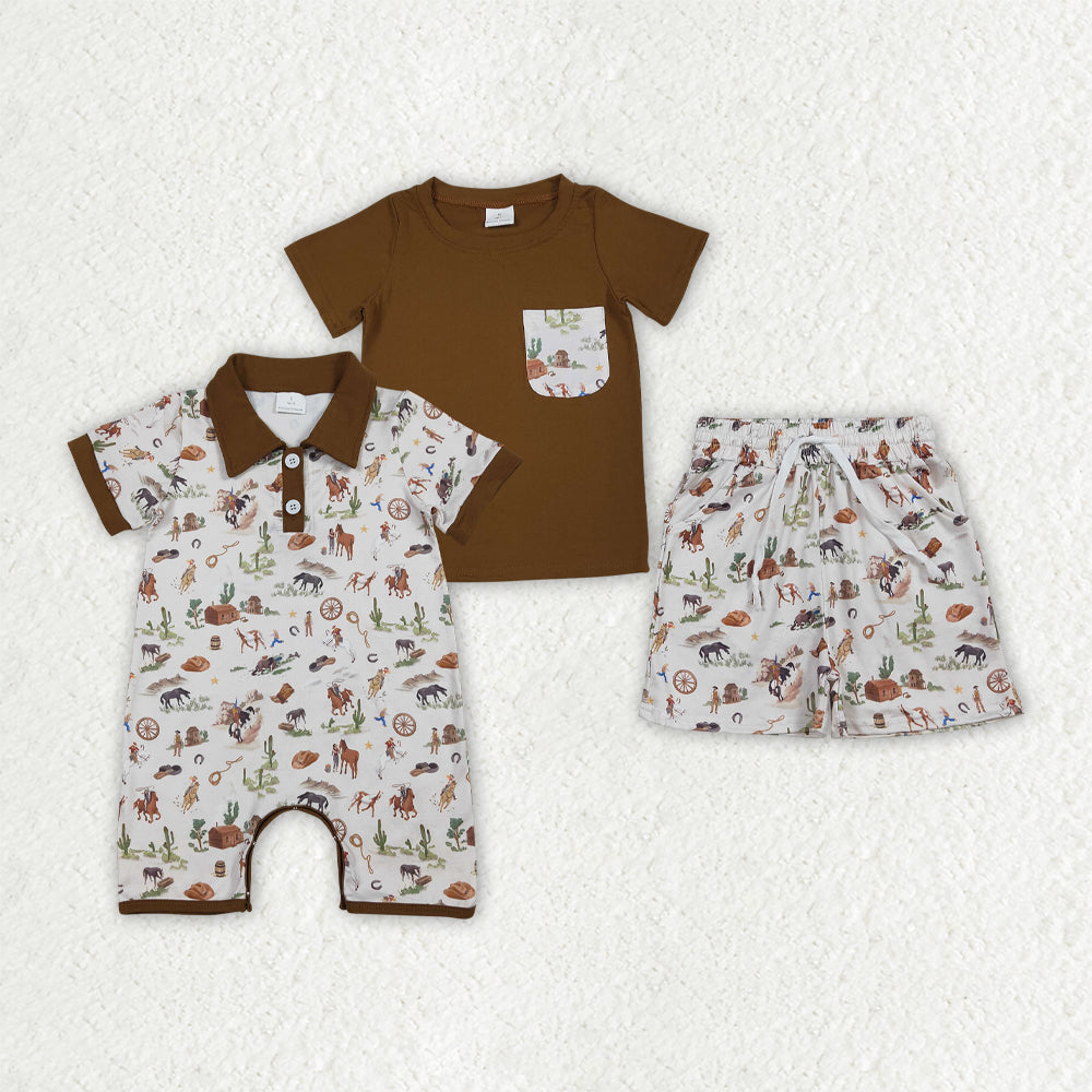 Cowboys Print Boys Summer Western Clothes Sibling Matching Wear