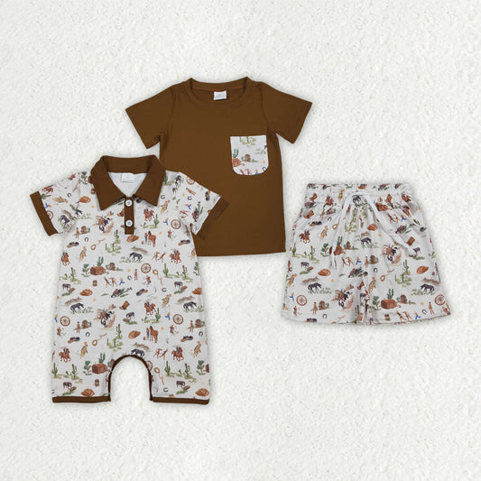 Cowboys Print Boys Summer Western Clothes Sibling Matching Wear