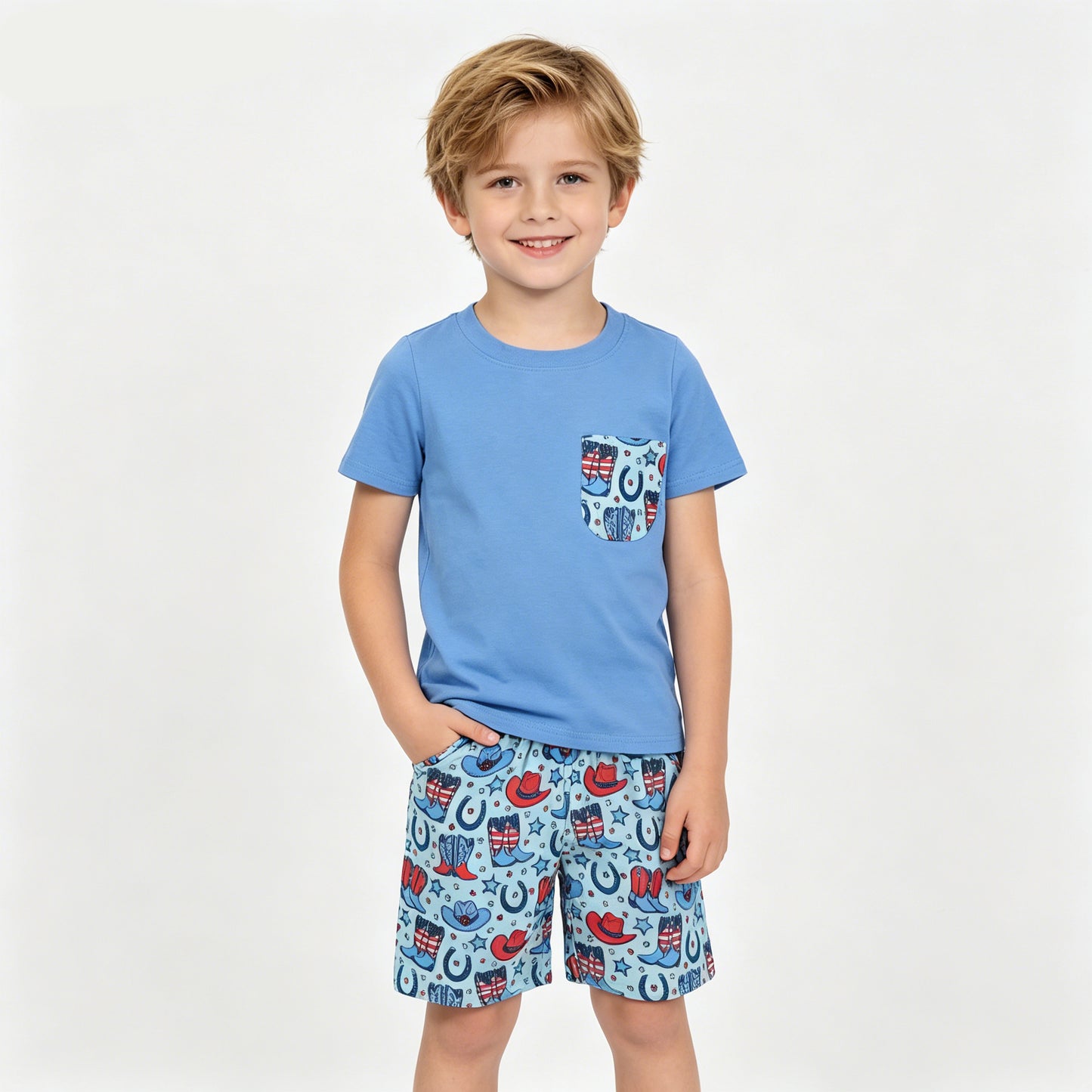 BSSO1829 Pocket Blue Top Boots Hat Stars Shorts Boys 4th of July Clothes Set