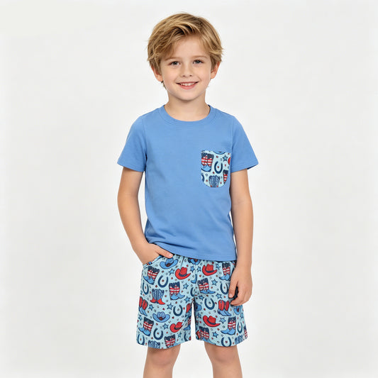 BSSO1829 Pocket Blue Top Boots Hat Stars Shorts Boys 4th of July Clothes Set