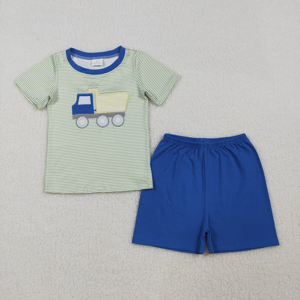 Dump Truck Embroidery Stripes Top Blue Shorts Boys Summer Clothes Set