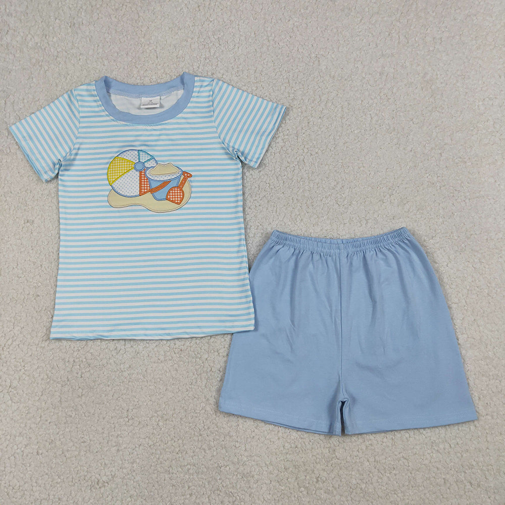 BSSO1834 Beach Ball Embroidery Striped Tee & Blue Shorts Set – Boys’