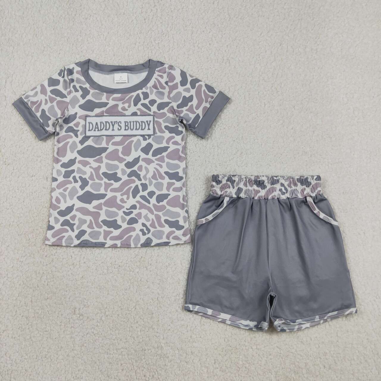 BSSO1838 DADDYS BUDDY Embroidery Camo Top Grey Shorts Boys Clothes Set