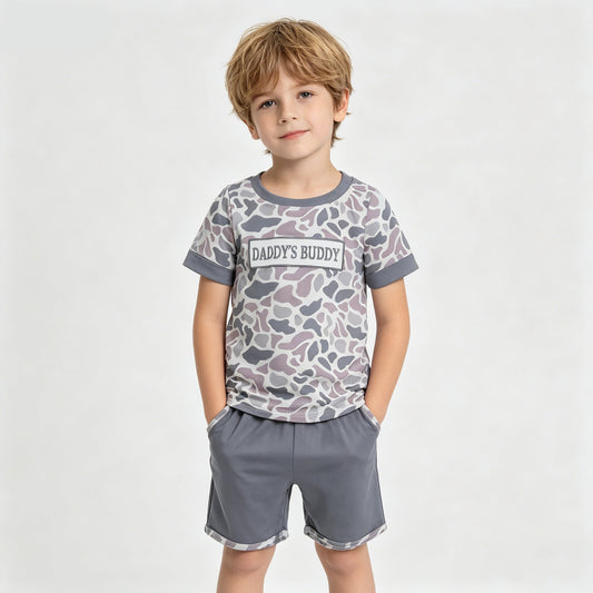 BSSO1838 DADDYS BUDDY Embroidery Camo Top Grey Shorts Boys Clothes Set