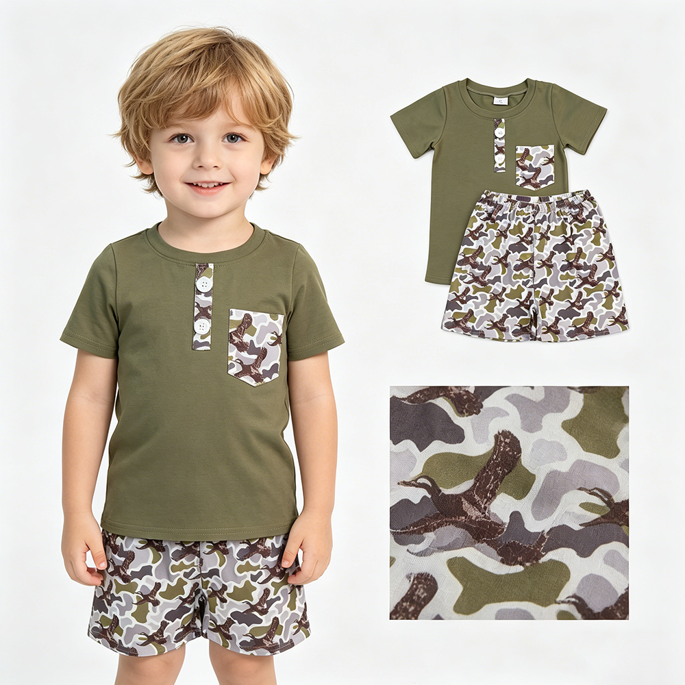 BSSO1856 Green Pocket Polo Top Duck Camo Shorts Boys Summer Clothes Set