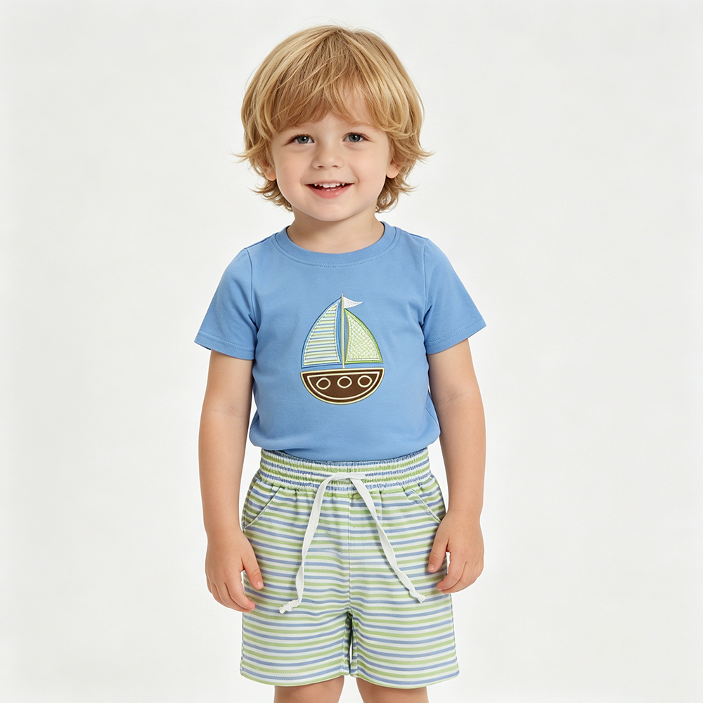 BSSO1860 Sailboat Embroidery Blue Tee & Stripes Shorts Boys’ Clothes Set