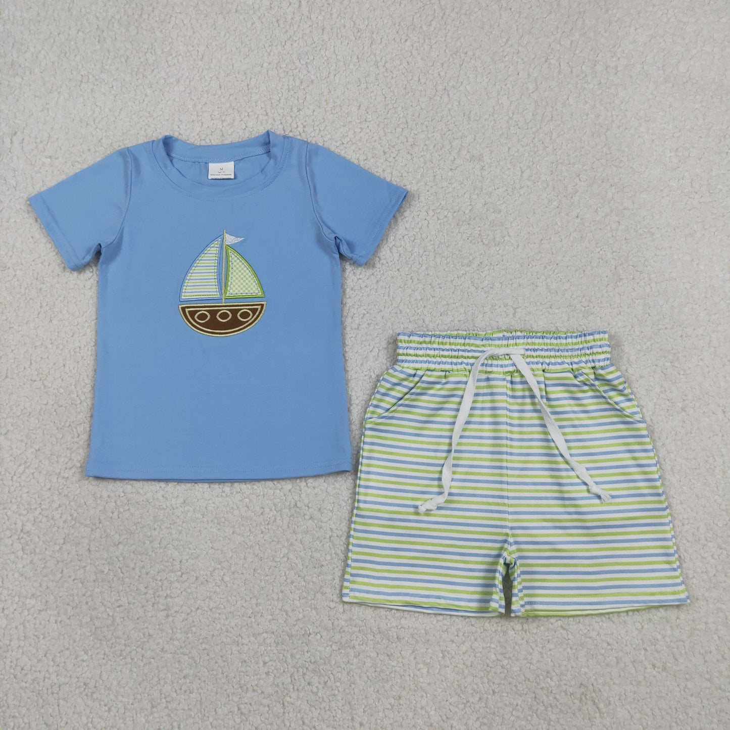 Sibling Baby Embroidery Sailboat Striped Shorts Outfit Romper