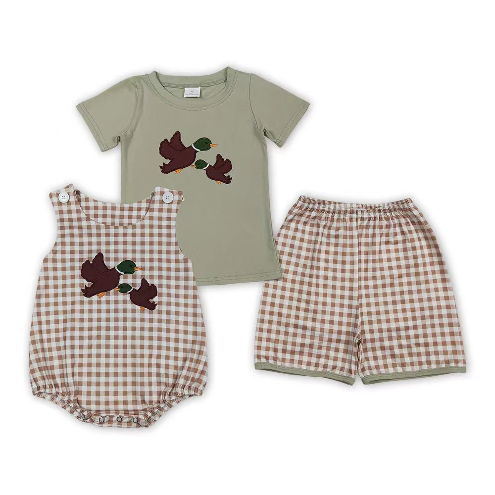 Duck Embroidery Plaid Print Baby Boys Outfits & Romper Brothers Matching Wear