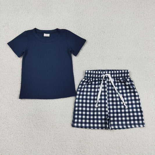 BSSO1882 Navy Top Plaid Pockets Shorts Boys Summer Clothes Set