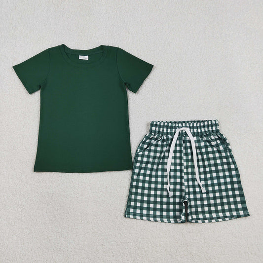 BSSO1885 Green Top Plaid Pockets Shorts Boys Summer Clothes Set