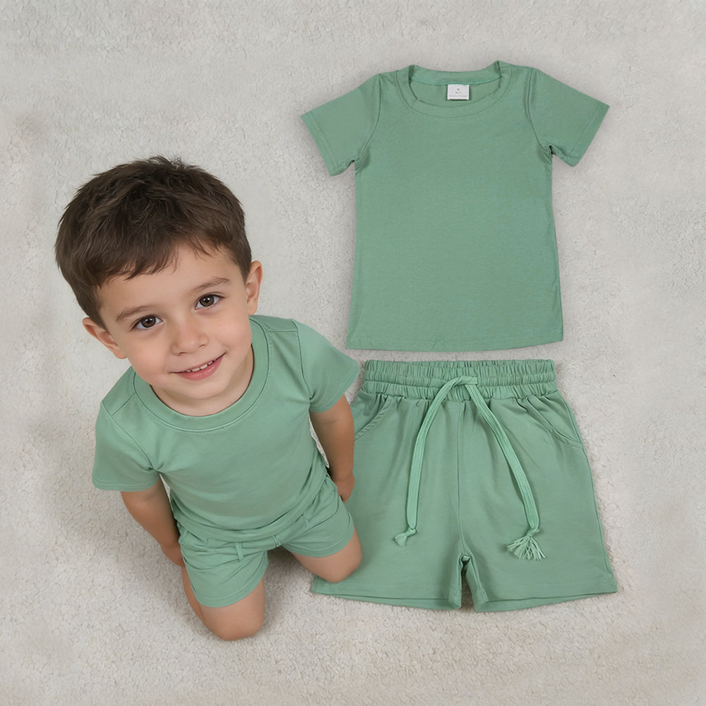 BSSO1886 Green Cotton Pockets Shorts Boys Summer Clothes Set