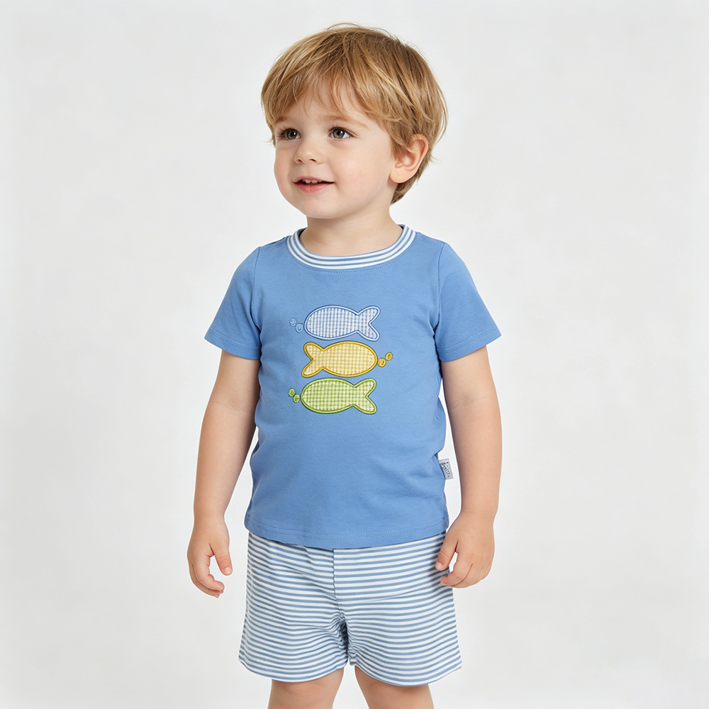 BSSO1905 Fish Embroidery Blue Top Stripes Shorts Boys Summer Clothes Set