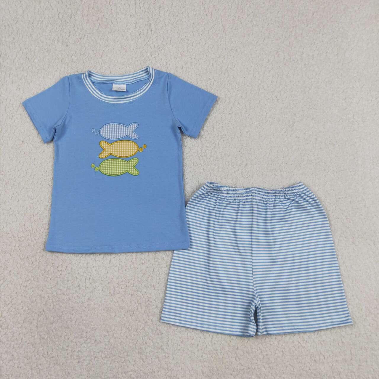 Kids Gingham Fish Embroidery Set - Summer Striped Outfit Sibling