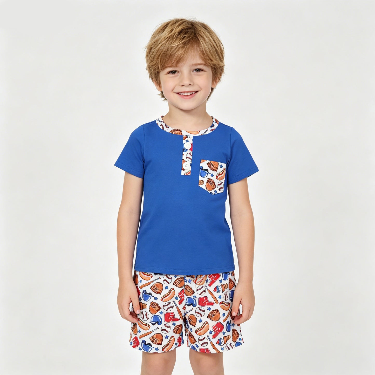 Blue Polo Pocket Top Baseball Stars Shorts Boys 4th of July Clothes Set