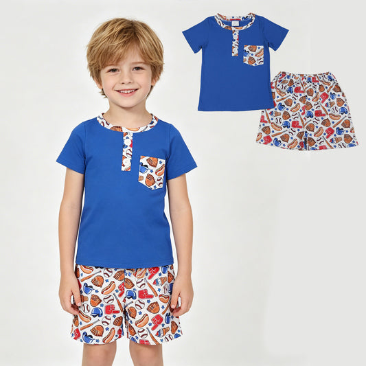 Blue Polo Pocket Top Baseball Stars Shorts Boys 4th of July Clothes Set