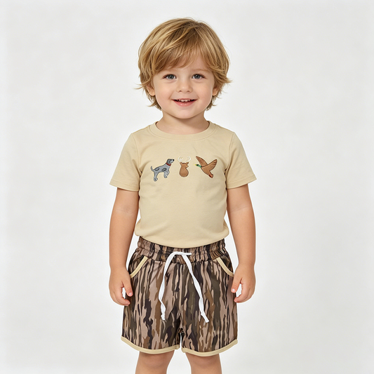 BSSO1927 Dog Deer Duck Embroidery Tee & Camo Shorts Boys’ Clothes Set
