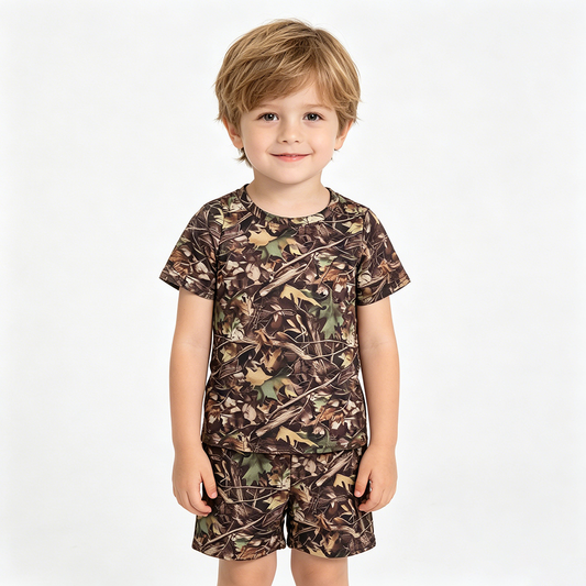 BSSO1929 Branch Brown Camo Print Boys Summer Clothes Set