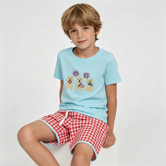Toddler Boy 4th of July Outfit, Embroidered Dog Patriotic Shirt & Gingham Shorts Set