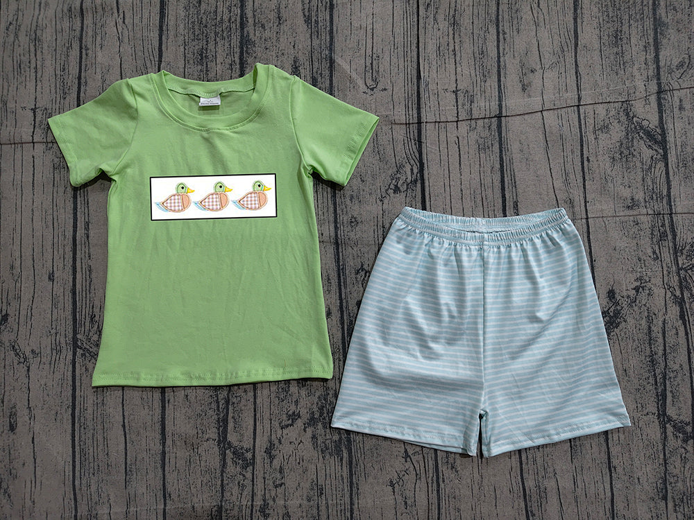 BSSO1946 Duck Embroidery Green Top Stripes Shorts Boys Summer Clothes Set