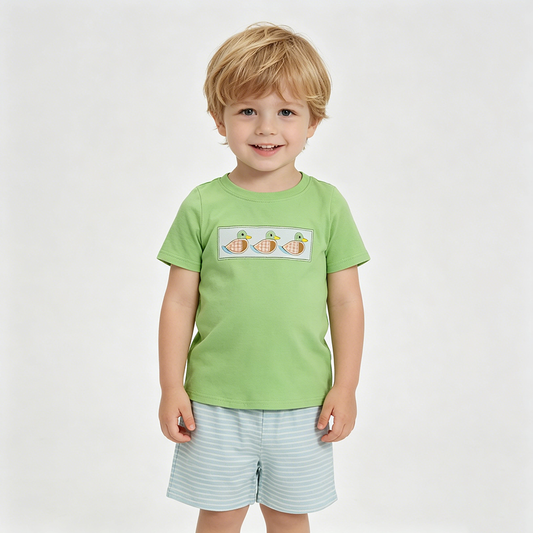 BSSO1946 Duck Embroidery Green Top Stripes Shorts Boys Summer Clothes Set