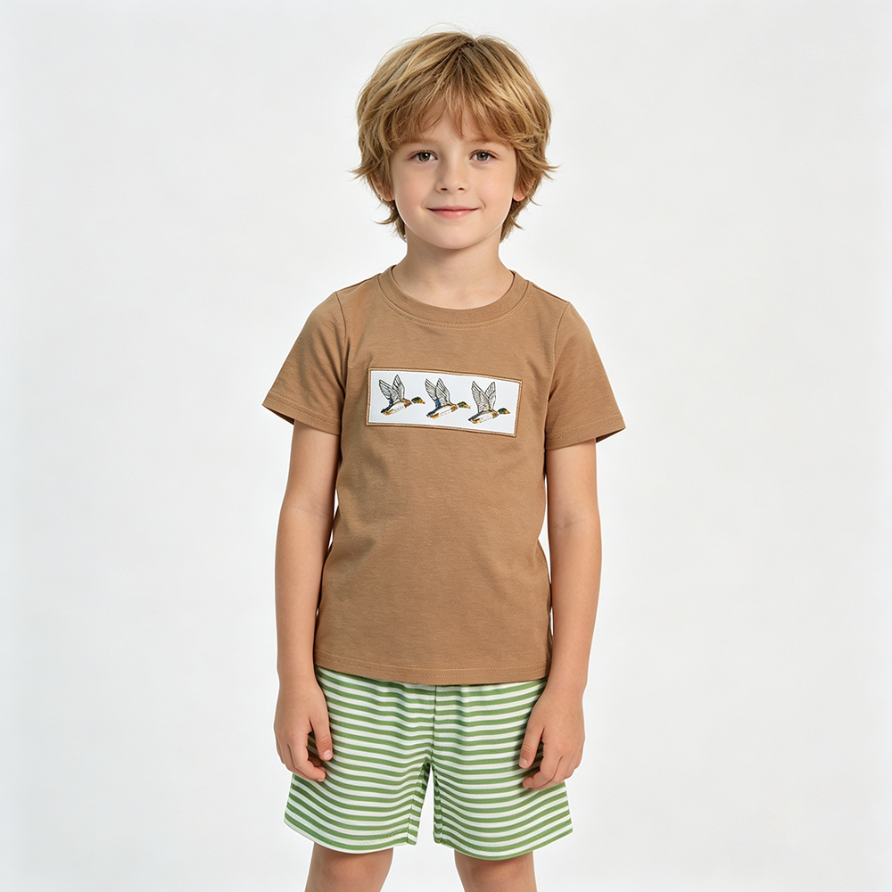 Mallard Embroidery Green Stripe Sibling Duck Matching Outfits