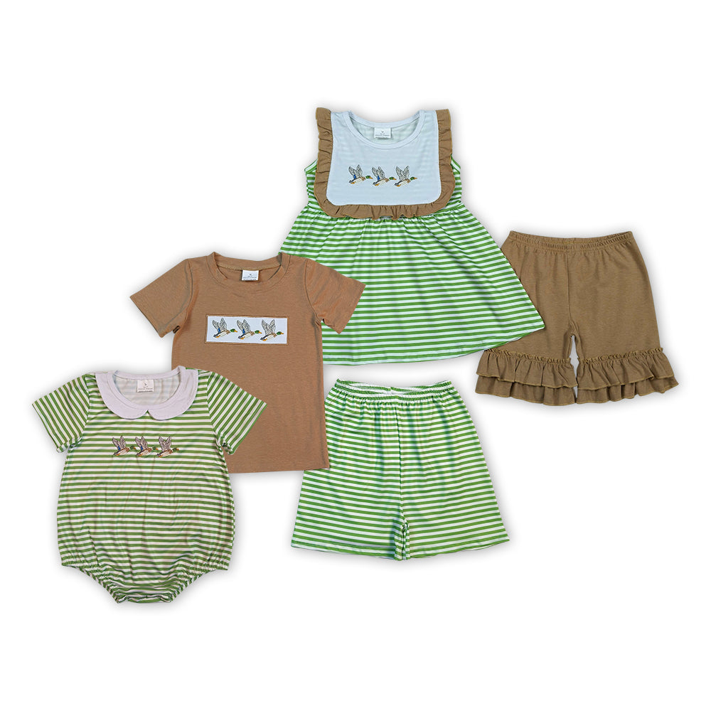 Mallard Embroidery Green Stripe Sibling Duck Matching Outfits