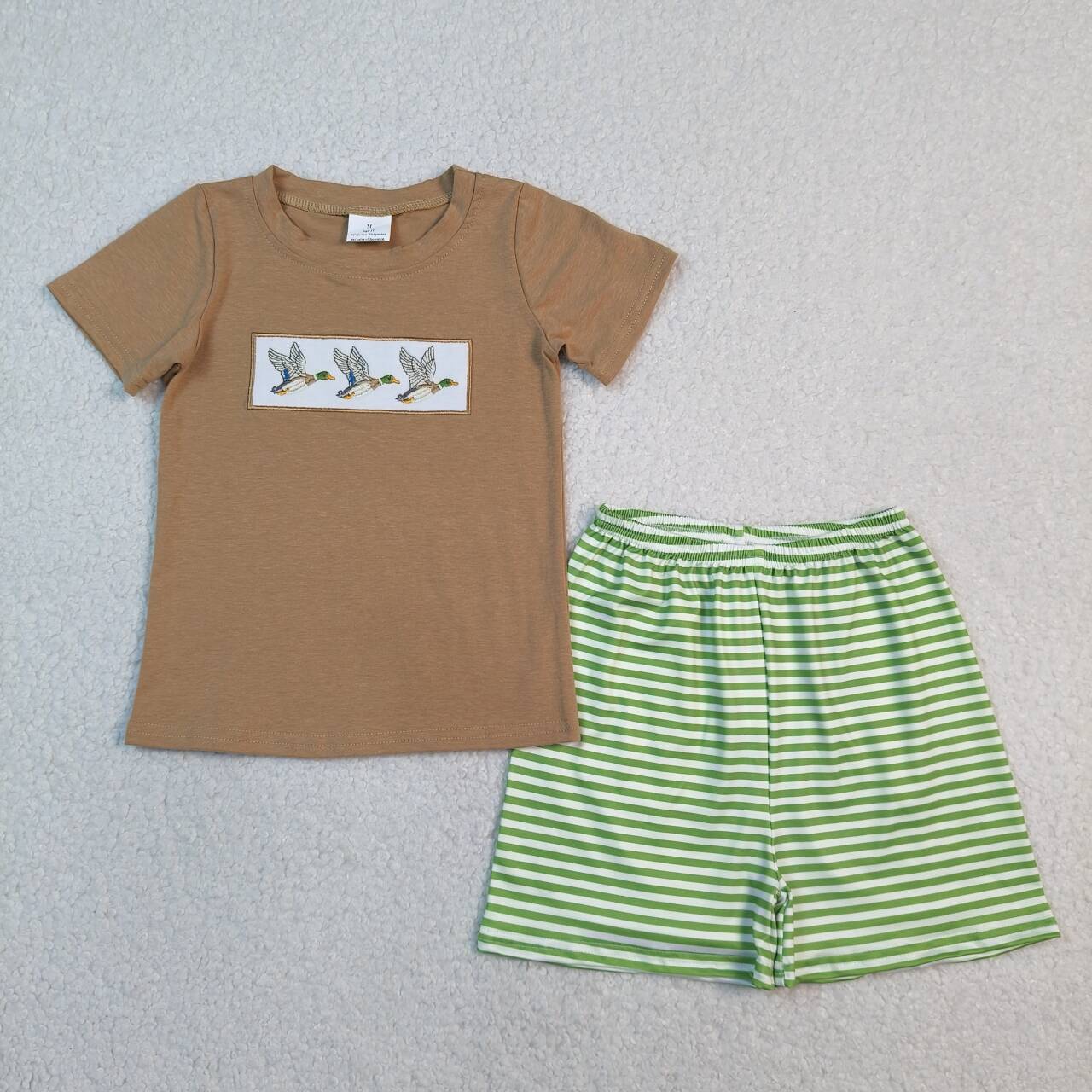 Mallard Embroidery Green Stripe Sibling Duck Matching Outfits