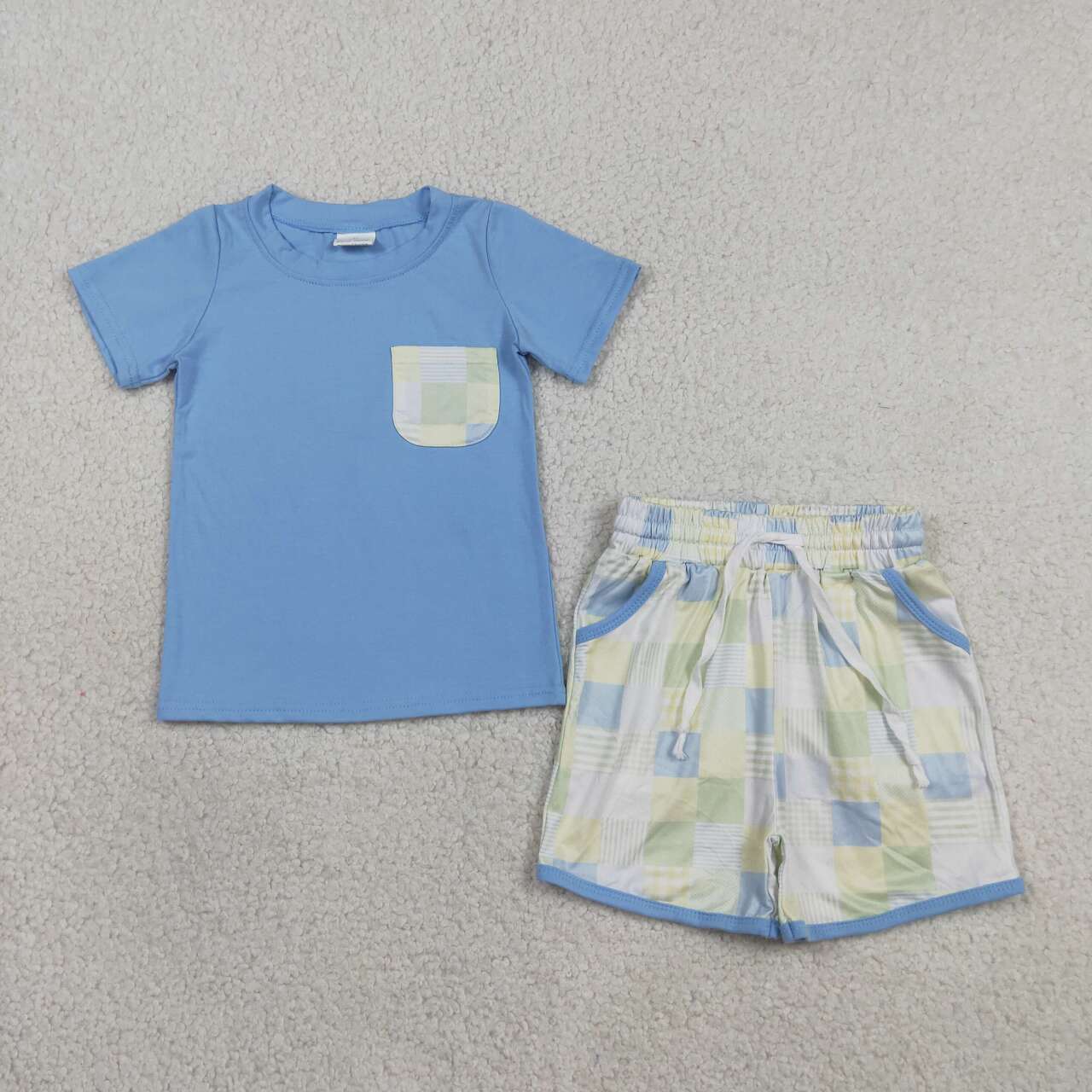 BSSO1950 Blue Pocket Top Plaid Shorts Boys Summer Outfits