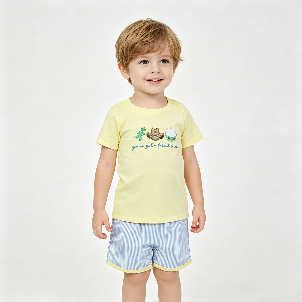 Cartoon Toy Embroidery Yellow Stripes Shorts Kids Summer Clothes Sibling Matching Wear