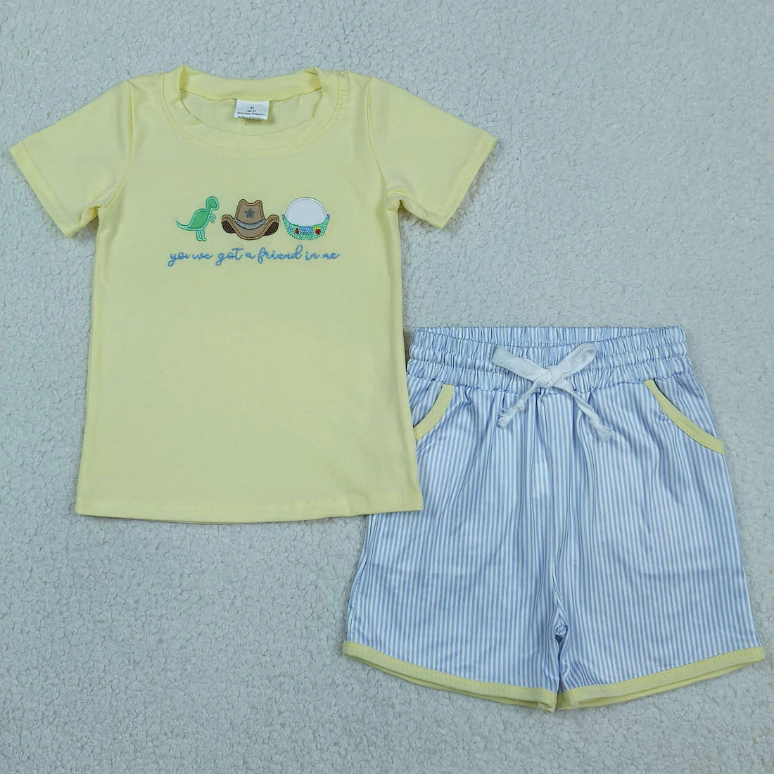 Cartoon Toy Embroidery Yellow Stripes Shorts Kids Summer Clothes Sibling Matching Wear
