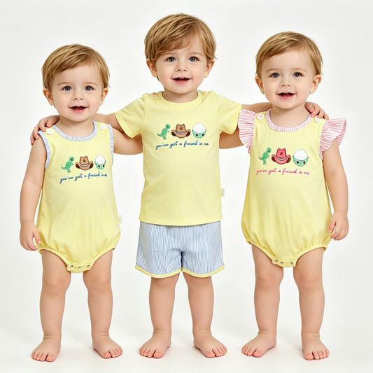 Cartoon Toy Embroidery Yellow Stripes Shorts Kids Summer Clothes Sibling Matching Wear